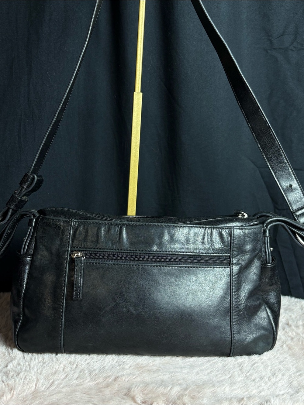 Aurielle Black Leather Multi-Pocket Vintage Shoulder Bag